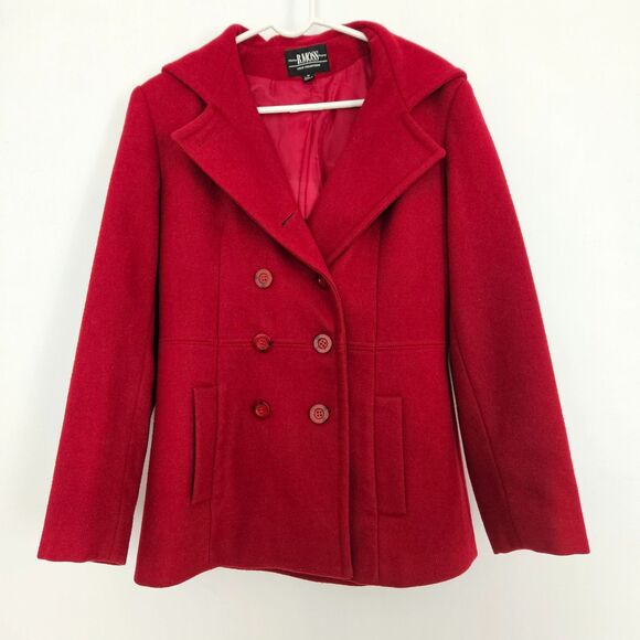 B. MOSS Red Wool Pea Coat Hood MEDIUM - Picture 1 of 13